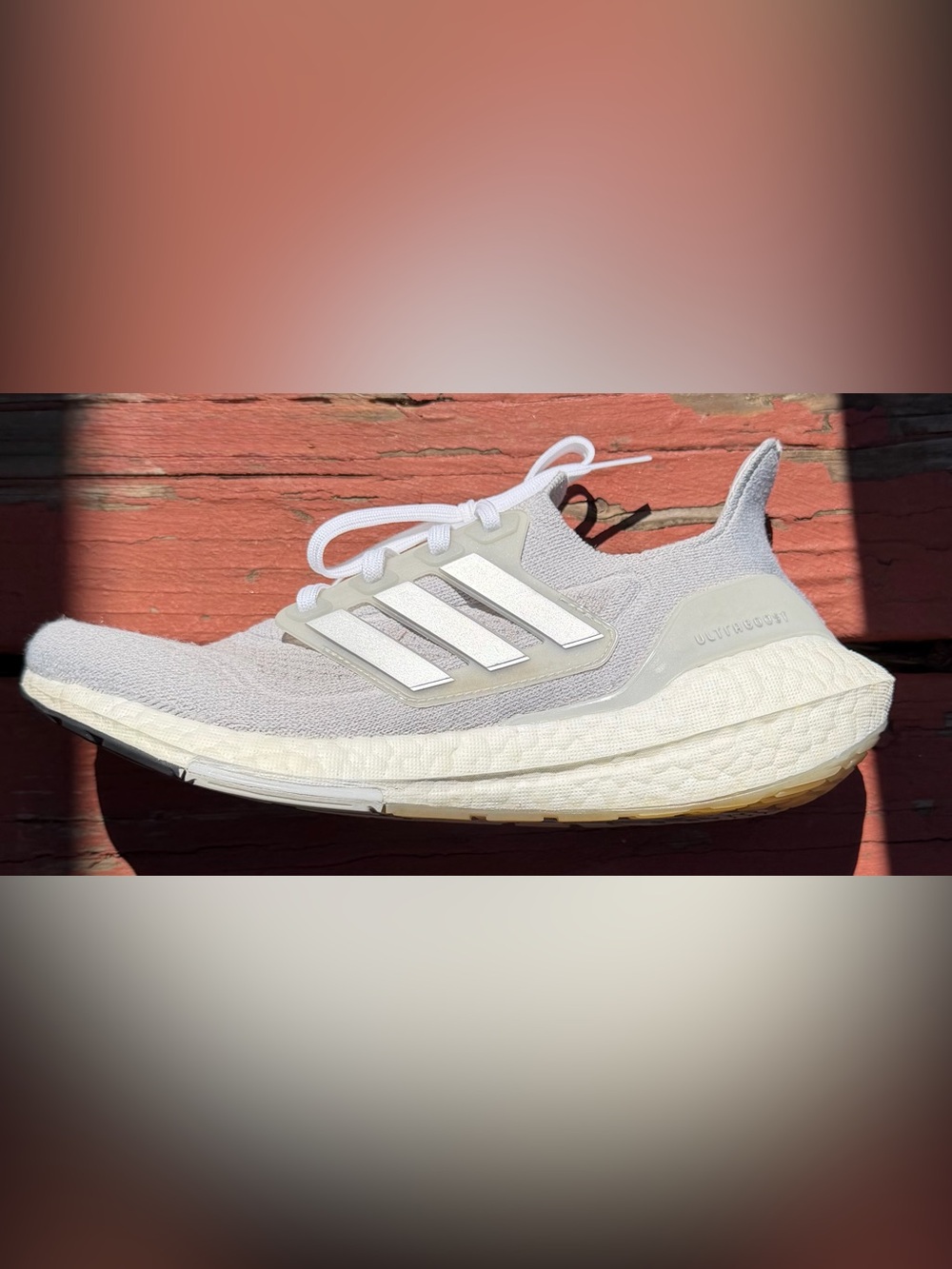 adidas Ultraboost Women’s White and Grey Knit Running Shoe with Three-Stripes - Picture 1 of 6
